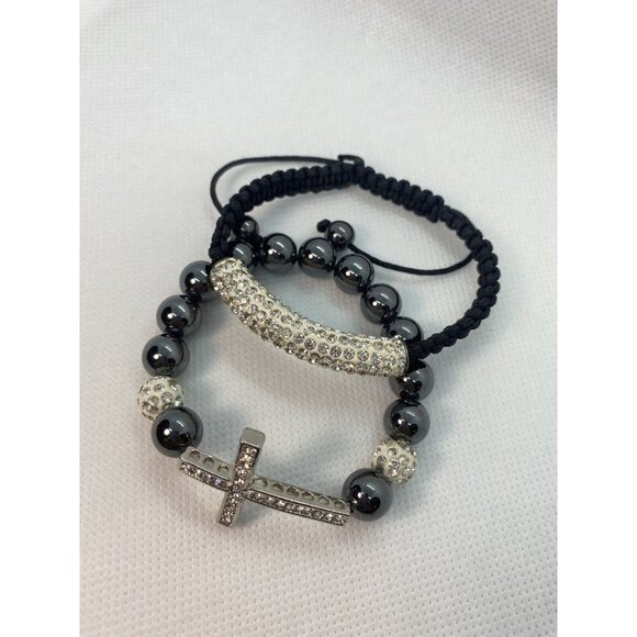 Black/Sliver Beaded Rhinestones Crucifix Religious Expandable pair of Bracelets - Picture 1 of 8
